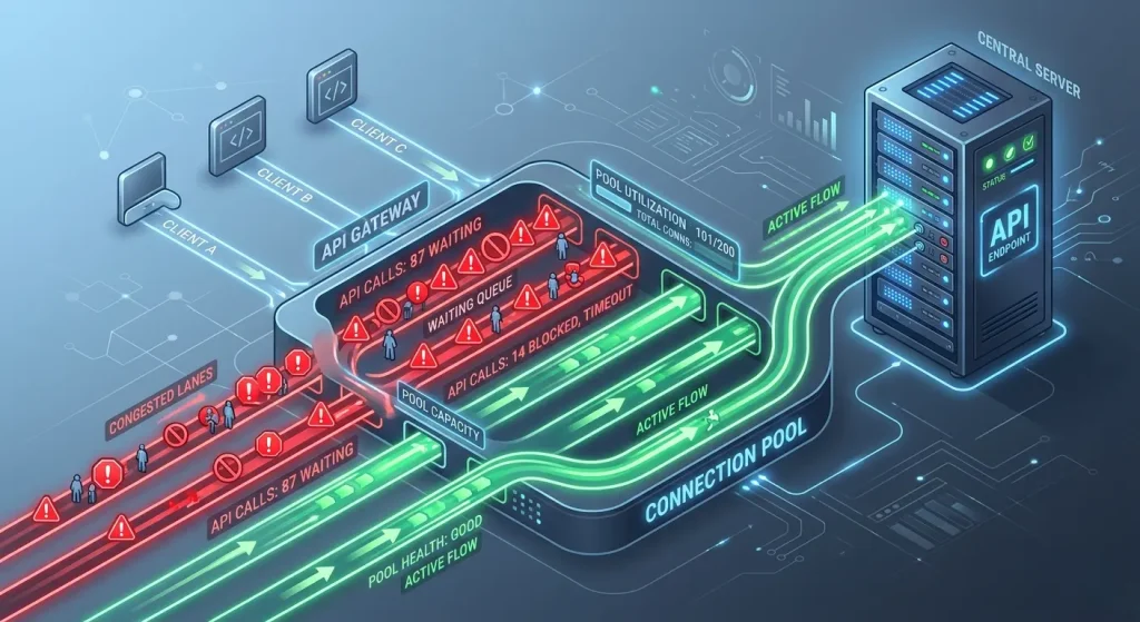Ilustrasi bottleneck pada connection pool database saat menunggu respon API eksternal